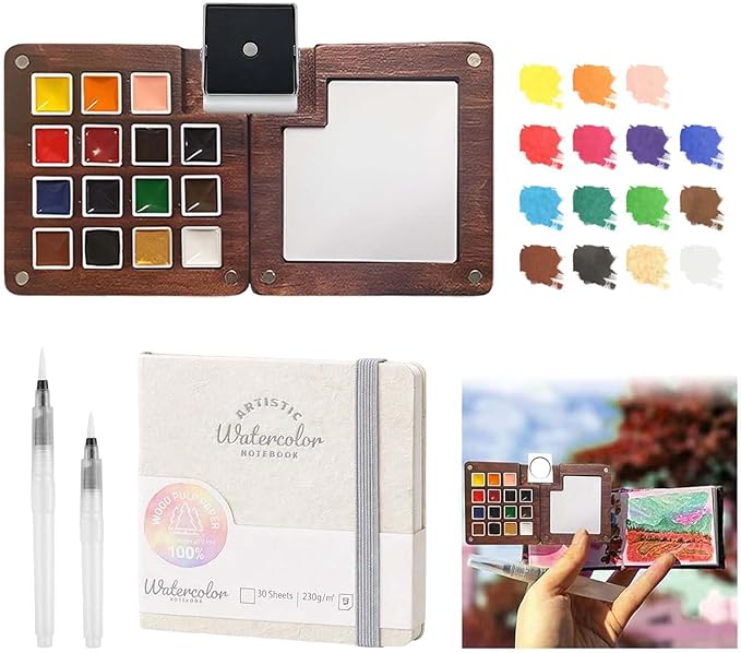Mini Paint Palette Travel Kit - Mini Travel Watercolor Palette Set, Pocket Artist Water Color Travel Set with Colours, Binder Clips, Watercolor Pens, Wooden Paint Box for Painters Artists Students