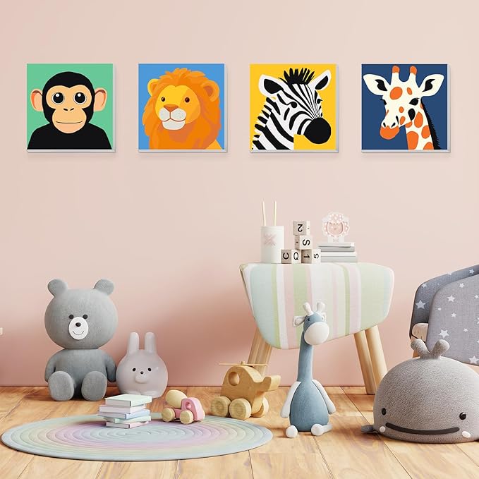 KEYIFA 4 Pack Paint by Numbers Kids Kit with Frame, Easy Animal Painting Kits for Adult Beginners, DIY Acrylic Painting on Framed Canvas for Home Decor Gift, 8x8 in (Orangutan+Lion+Zebra+Giraffe)