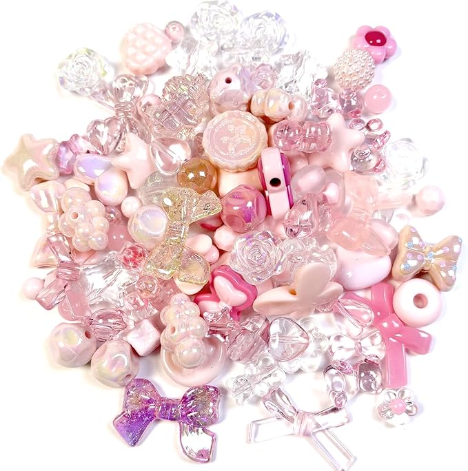 Assorted Acrylic Beads for Bracelet Making Kit, 150g Pink Cute Beads for Keychain Making, Kandi Charms, Kawaii Jewelry Making, DIY Crafts