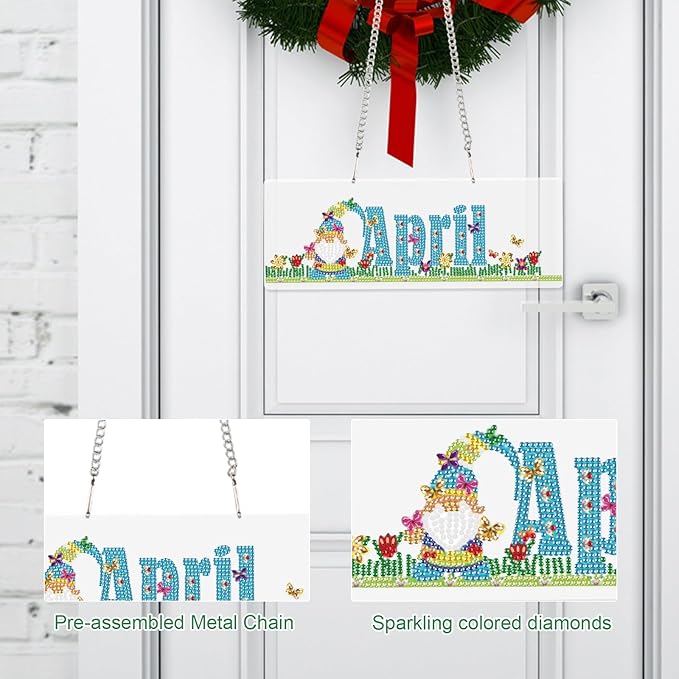 Diamond Painting Kits Hanging Pendants, DIY Wreath Crystal Rhinestone Wreath Kits, Colored Imitation Art Point Crystal Diamond Art Window Pendants Home Garden Wall Door Birthday Festival Gifts (April)