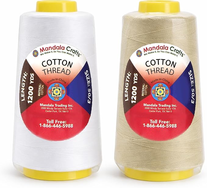 Mandala Crafts White and Beige Thread Cones for Machine and Hand Quilting - 4800 Yds 50 WT Multiple Purpose Mercerized 100% Cotton Threads for Sewing Machine Serger Embroidery