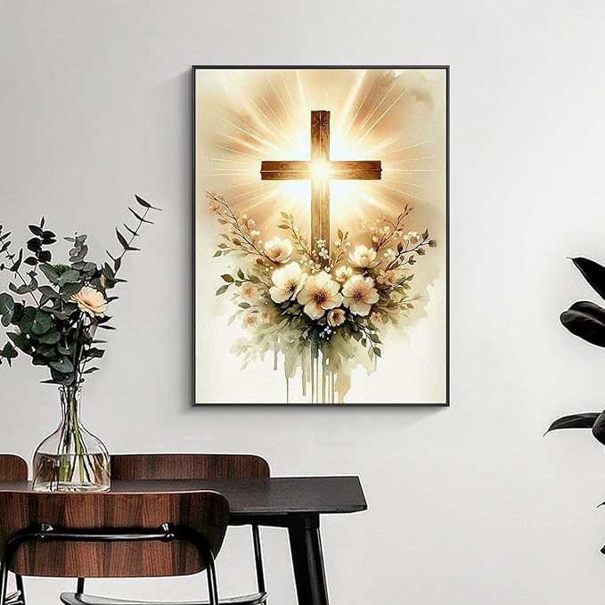 Yezavesu Religious Cross Diamond Art Kits for Adults, Jesus Christ Cross 5D Diamond Painting Kit for Beginners, DIY Round Full Drill Painting with Gem Art Craft Kits for Home Wall Decor 12x 16 Inch