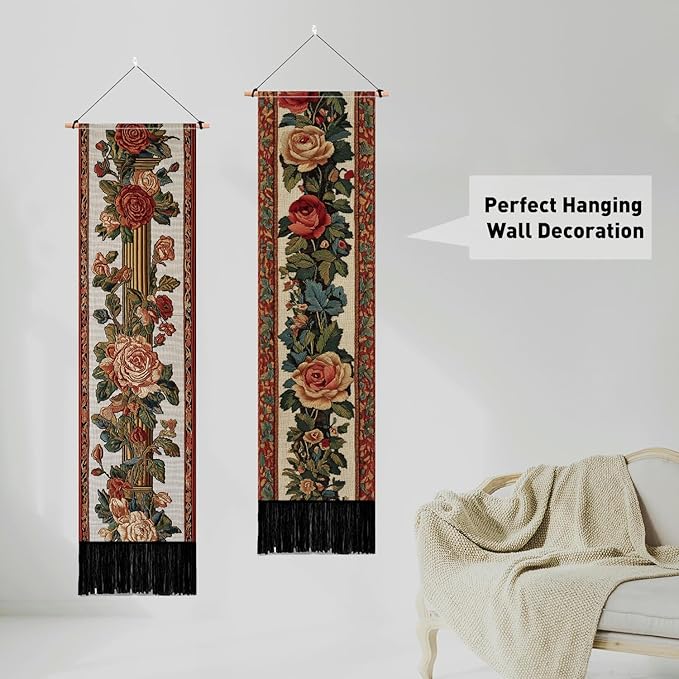 PLIGREAT 2 Pack Vintage Floral Tapestry with Tassels, 52" x 13" Rose Border Vine Aesthetic Wall Hanging Vertical Home Art Tapestry for Bedroom Living Room Bathroom Long Narrow Wall Hanging Art Decor
