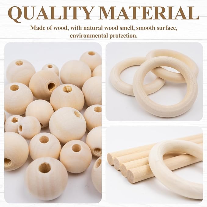 93 Pcs Macrame Kit Includes 4pcs Macrame Wooden Sticks 34pcs Wooden Rings Circles 55pcs Wood Beads Unfinished Wood Rings Beads Sticks for Macrame Wall Hanging Craft DIY Plant Hangers Crafts Knitting