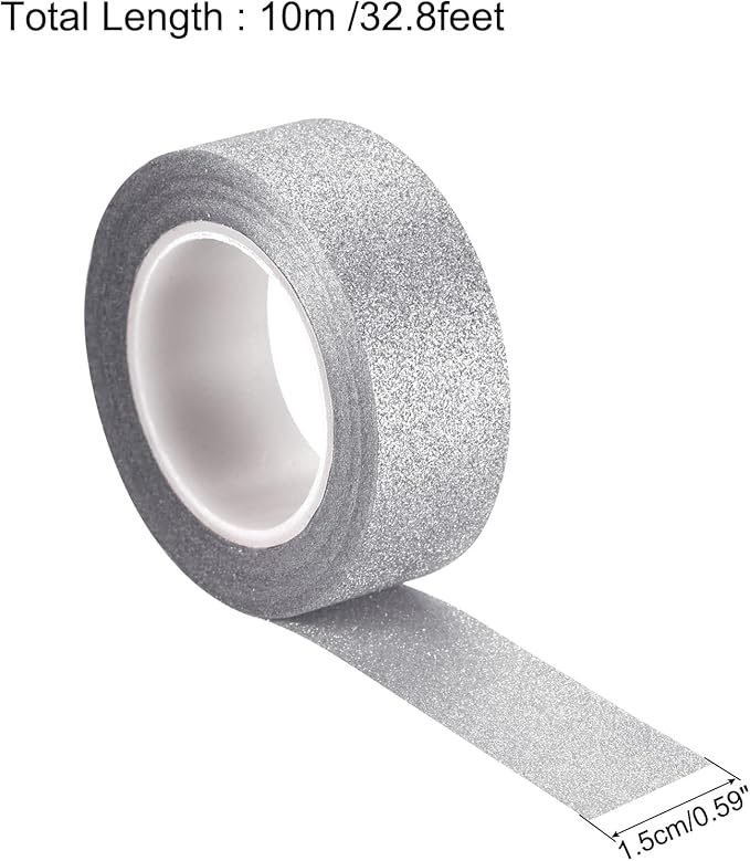 MECCANIXITY 0.6inch x 32.8ft Glitter Tape, Decorative Craft Tape Self Adhesive Stick 1.5cmx10m Silver Tone for Scrapbook, DIY Arts, Gift Wrapping Pack of 3