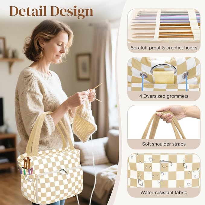 DALINDA Crochet Bag Organizer,Yarn Bag and Tote- Yarn Storage with Multiple Pockets for Crochet Supplies, Knitting Bag for Gifts,Portable & Durable (Brown Plaid)