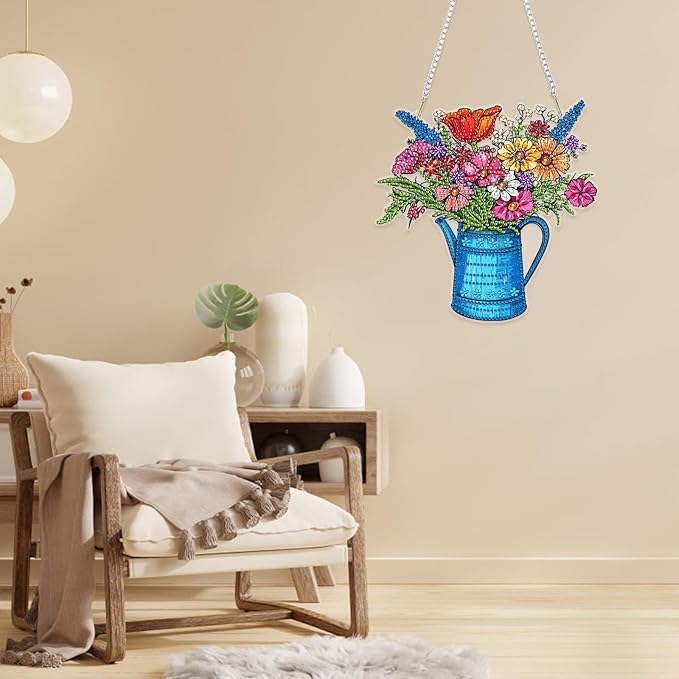 RICUVED Flowers Hanging Diamond Art Kit for Adults, Kettle Special Shaped Crystal Gem Craft Diamond Painting Pendant Kit for Beginners, DIY Hanging Acrylic Art Ornament for Home Garden Wall Decor