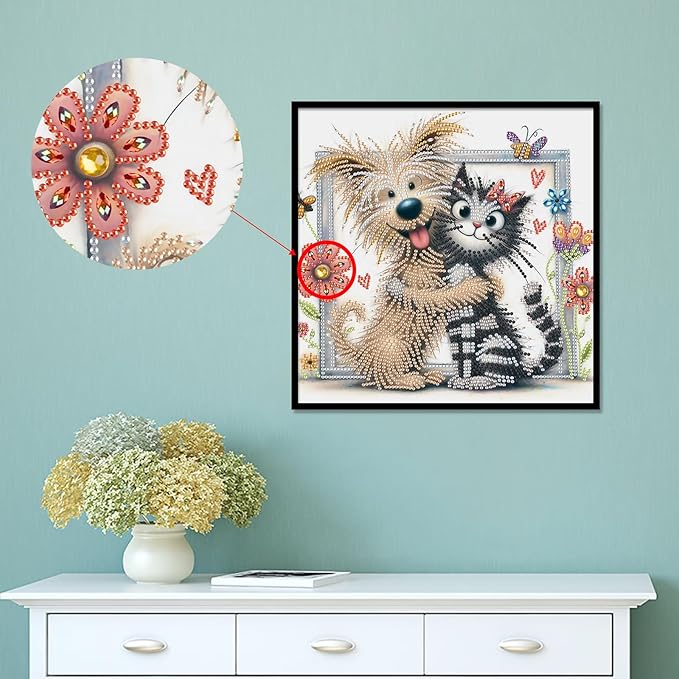 AiYuanzsh Cat and Dog Diamond Art Painting Kits for Adults, 5D Special Shape Diamond Art Kits for Beginners, Crystal Rhinestones Diamond Art Painting for Home Wall Decoration Gift 12×12 inch