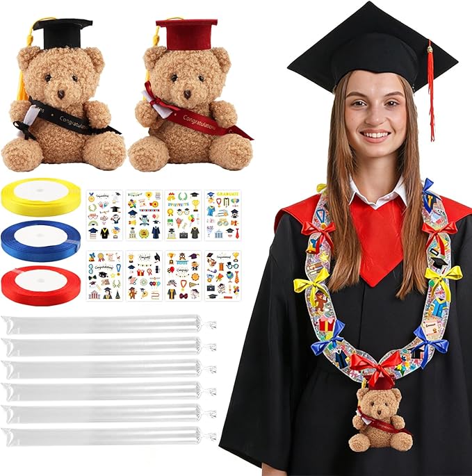 Candy Leis for Graduation 2026, Making Kit Supplies Tubing Grad Leis for Graduation Candy Necklace with 3 Color Ribbons Handmade Decoration Kit, Grad Party Gift for Graduates(Red, Yellow, Blue)