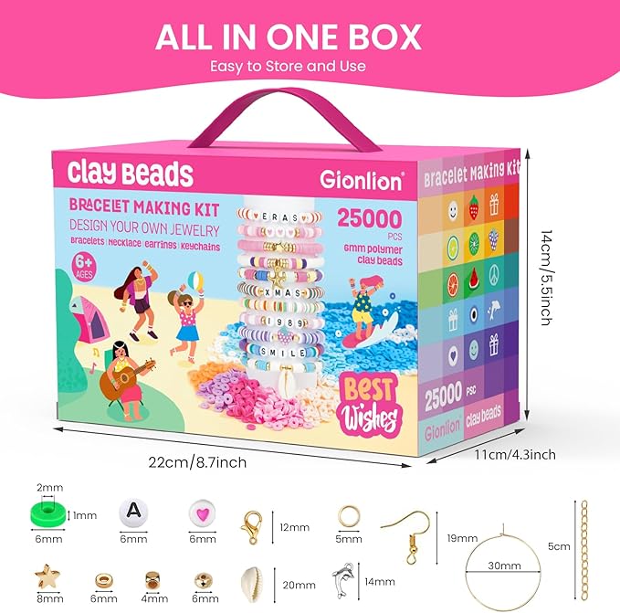 gionlion 25000 pcs clay beads bracelet making kit abundant single color heishi beads, 7 boxes polymer beads for bracelets jewelry making kit with charms, diy arts and crafts gifts