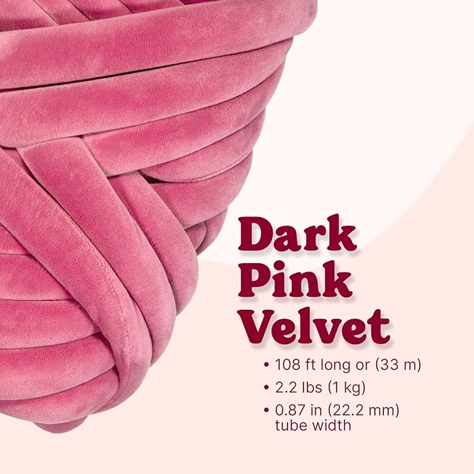 Ultra Soft 2.2 LBS (1kg) Chunky Yarn for Hand Knitting, Lush Velvet Fabric Tube Yarn to Make Handbags, Pillows, Blankets, Crafts (Dark Pink)