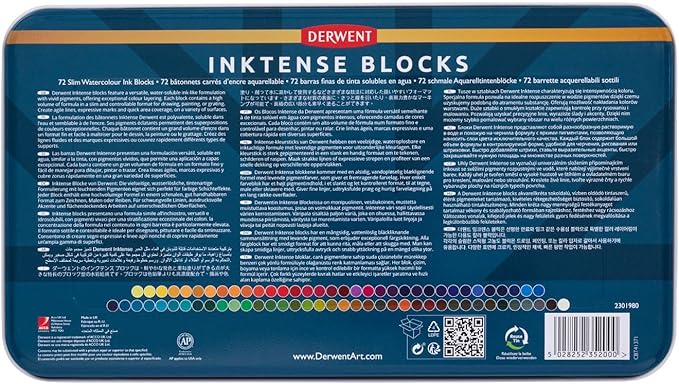 Derwent Inktense Blocks 72 Tin, Set of 72, 8mm Block, Soft Texture, Watersoluble, Ideal for Watercolor, Drawing, Coloring, Crafts and Painting on Paper and Fabric, Professional Quality (2301980)