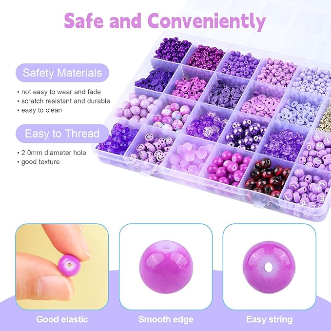 Purple Beads for Jewelry Making,3500pcs Clay Beads,Purple Friendship Bracelet Making Kit DIY Craft Set with 3mm Seed Bead,8mm Glass Bead