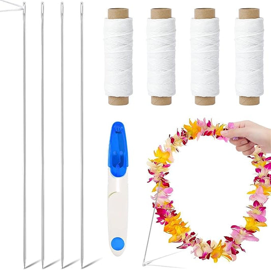 Kaiolbly 9 Pcs Lei Needle Kit, 4 Pcs 14 Inch Stainless Steel Long Lei Needle to Make Hawaiian Leis 4 Lei String 1 Sewing Scissors Lei Making Kit for DIY Graduation Hawaiian Flower Lei Wreath Accessory