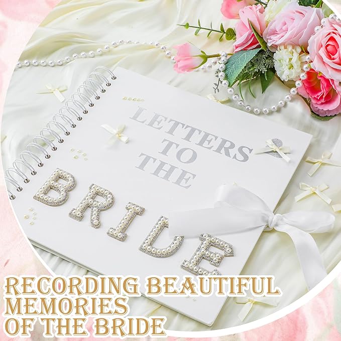 Fuyoooo 10 x 10 Inch Letters to The Bride Scrapbook Wedding Memory Book Bridal DIY Blank Paper Scrapbook Photo Album Guest Book Sign with Pearl Stickers, Metallic Letters, Bows (White)