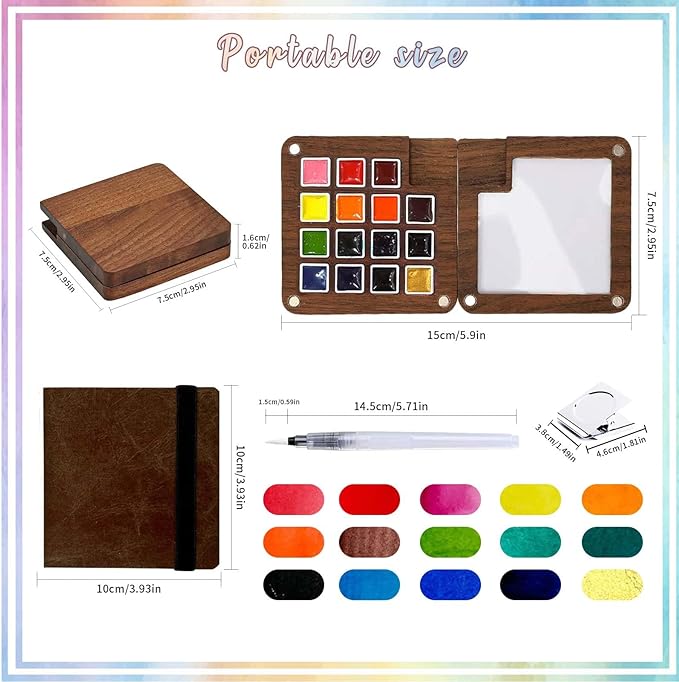 Mini Paint Palette Travel Kit - Mini Travel Watercolor Palette Set, Pocket Artist Water Color Travel Set with Colours, Watercolor Book, Binder Clips, Pens,Wooden Paint Box for Painters Artists Student