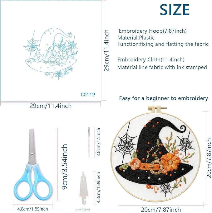 Zhenqing Halloween Witch Hat Embroidery Kit for Beginners - 29x29cm Printed Fabric with Hoop & Full Tools (Black Hat with Orange Flowers) (C0119)
