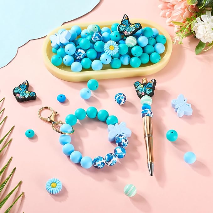 96 Pcs Butterfly Silicone Beads for Keychain Blue Silicone Focal Beads for Bracelet Making Rondelle Flower Daisy Bead for Women Jewelry Making DIY Birthday Supplies
