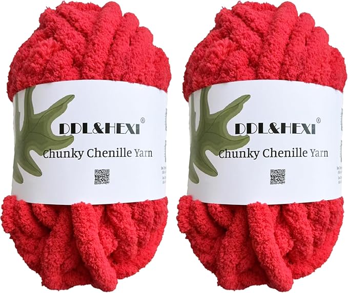 DDL&HEXI 2 Skeins Super Chenille Chunky Yarn,Blanket Making Kit,Jumbo Knitting Yarn 2x8oz 226g per Bag (red)