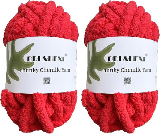 DDL&HEXI 2 Skeins Super Chenille Chunky Yarn,Blanket Making Kit,Jumbo Knitting Yarn 2x8oz 226g per Bag (red)