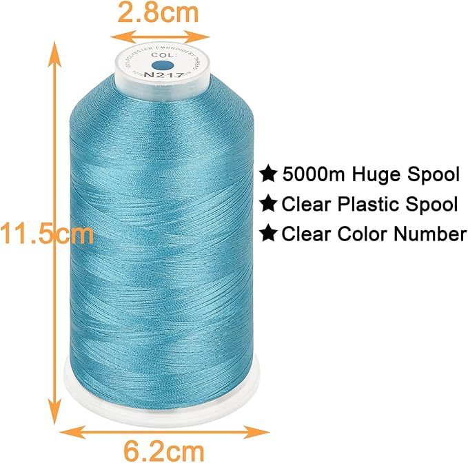 New brothread - Single Huge Spool 5000M Each Polyester Embroidery Machine Thread 40WT for Commercial and Domestic Machines - Sky (Janome Color)