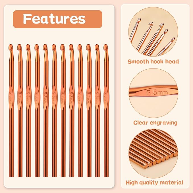 UzecPk 12PCS 5.5mm Aluminum Crochet Hooks, Size I (Size 9) Crochet Hook, Metal Crochet Needles Crochet Hooks Bulk for arn Craft Beginners Women Adults