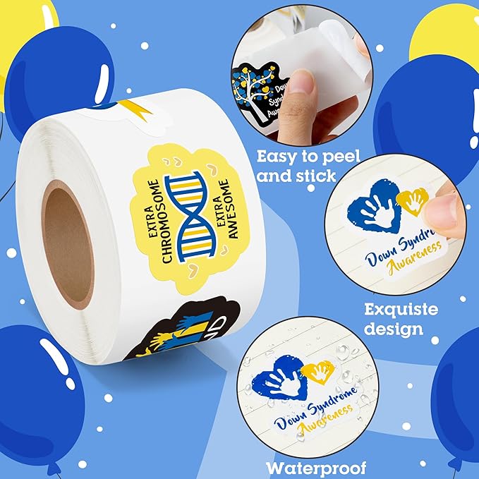 beyumi down syndrome awareness sticker - 1000pcs down syndrome awareness stickers in 2 rolls waterproof vinyl blue yellow ribbon decals school event campaign laptop bottle luggage decor for kids teens