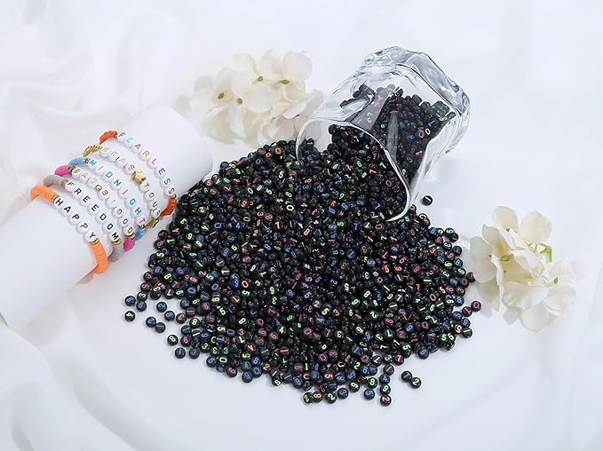 LAIDANLA 1000PCS Acrylic Number Beads Colorful Number Black Round Bead 7×4mm for Jewelry Bracelets Necklaces Key Chains Making