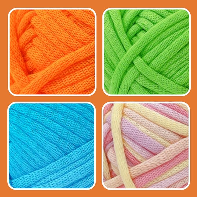 4x50g/4x60yds Cotton Blend Yarn for Crocheting and Knitting; Easy Beginner Yarn kit with Tool Set (Macaron+Orange+Blue+Green, 4 Skein)