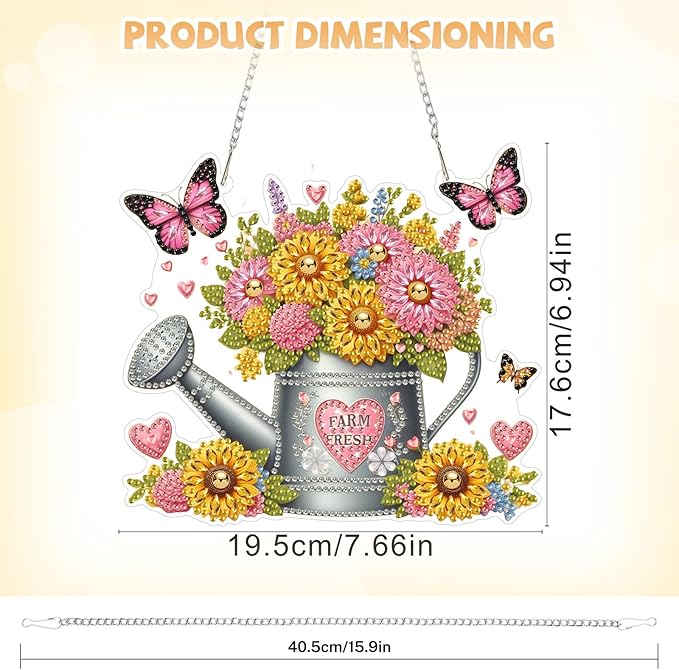 Bowetile Spring Diamond Art Hanging Kits for Adults, Diamond Art Suncatchers Flowers, 5D Special Shape Diamond Painting Farm Fresh Watering Can Pendant Window Ornament Gifts for Home Decor