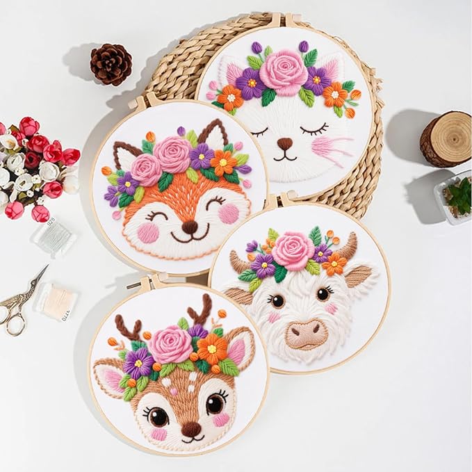 ORIGACH 6 Pack Animals & Floral Crown Embroidery Kits for Beginners, DIY Starter Hand Embroidery Kit with Floral and Dog Rabbit Fox Patterns and Instructions for Adults Women Crafting