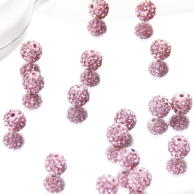 100 Pcs 10mm Rhinestone Beads for Jewelry Making, Pink Shiny Round Shamballa Disco Baseball Necklace Beads Sparkle Crystal Clay Pave Rhinestones Bead for DIY Bracelet Earring Craft Making Supplies