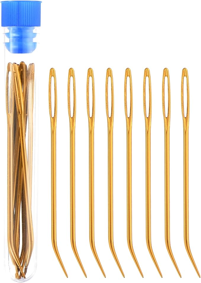 uxcell 8 Pcs Yarn Needle Kit, 3.15 Inch Tapestry Needles Bent High Carbon Iron Large Eye Sewing Darning Needles Hand Sewing Needles with Storage for Hand Sewing Art Crafts, Gold