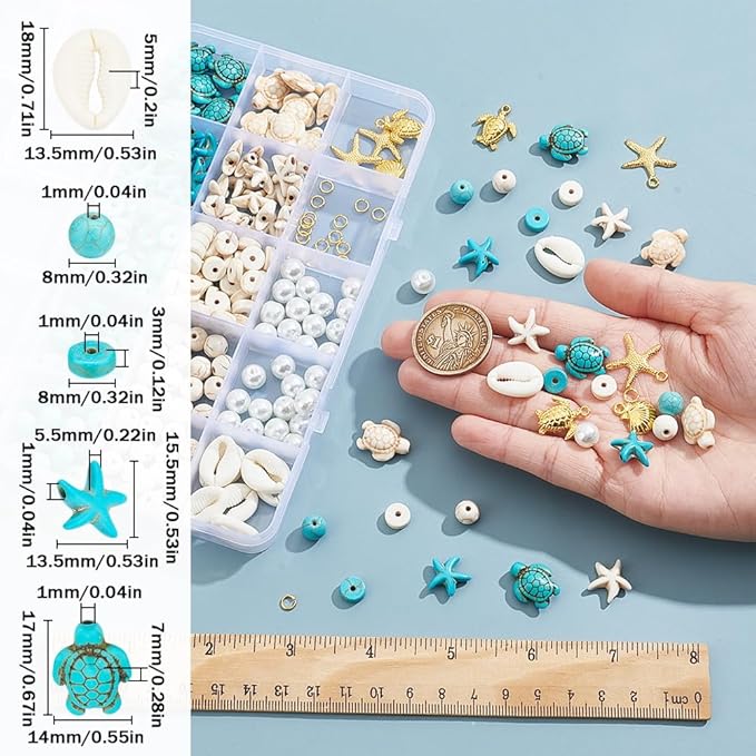 SUNNYCLUE 1 Box 292Pcs Sea Turtle Beads Seashell Starfish Beads Lucky Turquoise Spacers Ocean Summer Hawaii Sea Animal Shell Charms for Jewelry Making Beading Kits Women Adult Gift Supplies