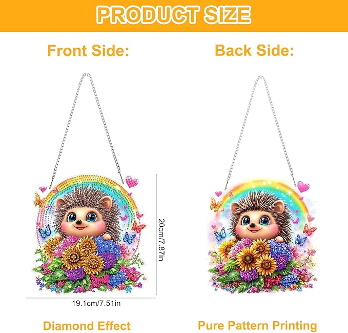 QENSPE Diamond Painting Art Hanging for Adults, Cute Hedgehog Special Shape Diamond Paingting Ornaments Kits with Chain, DIY Flowers Crystal Window Pendants for Home Wall Decor Gifts 20X20 cm