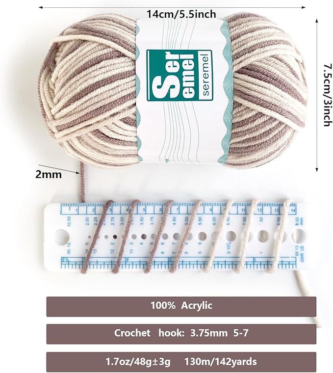 Khaki Flower 2 Pcs Crochet/Knitting Rainbow Yarn, 100% Acrylic - Soft, Multicolor Variegated Yarn for Beginners, Blanket & Mini Projects (2*48g/2*142yards)