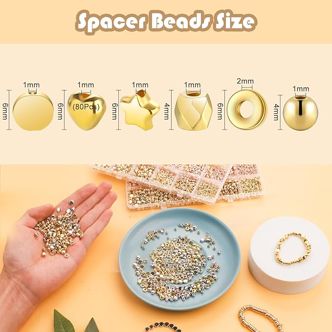 Gold Spacer Beads 2160 Pieces Bracelet Beads for DIY Jewelry Making(Gold, Sliver, Rose Gold, KC Gold)
