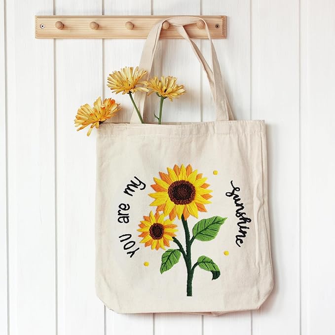 louise maelys embroidery kit canvas tote bag for beginners,cross stitch kits for adults,arts and diy crafts needlepoint with sunflower pattern,women shopping reusable grocery bags