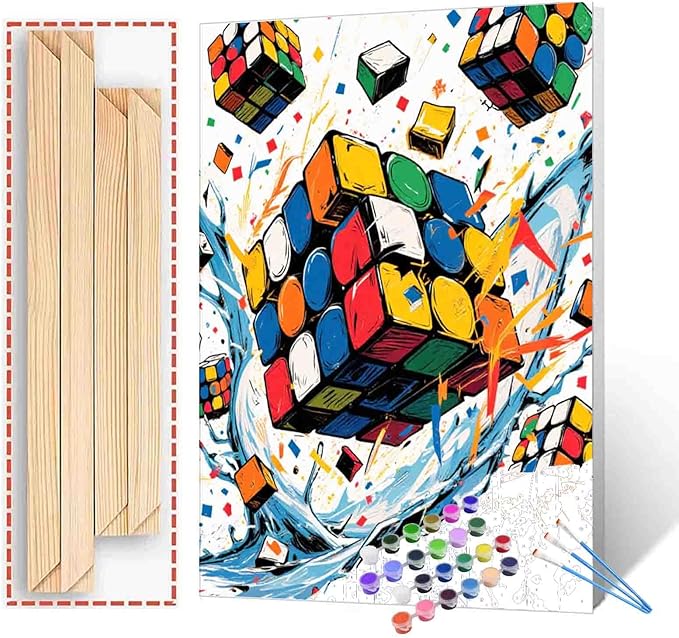 Aihonmin Magic Cube Paint by Numbers Kit for Adults & Kids Ages 8-12,Colorful Graffiti Paint by Number on Canvas Easy to Paint for Beginner Acrylic Paintwork Home Wall Decor 16"x20" (DIY Frame)