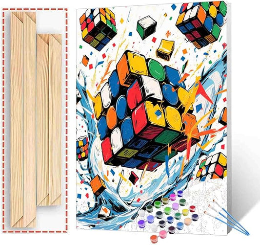 Aihonmin Magic Cube Paint by Numbers Kit for Adults & Kids Ages 8-12,Colorful Graffiti Paint by Number on Canvas Easy to Paint for Beginner Acrylic Paintwork Home Wall Decor 16"x20" (DIY Frame)
