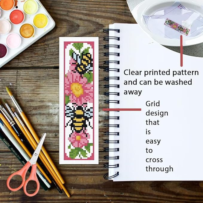 ORIGACH 6 Set Bees Cross Stitch Bookmark Kit for Beginner with Backing Felt Floss Instructions DIY Stamped Embroidery Bookmark Kit for Adults, Book Lovers