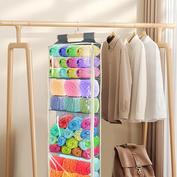 Hlimior Clear Hanging Yarn Storage with 4 Large Pockets, Clear Knitting Organizer Storage with Zippers for Crochet Lovers, Hanging Yarn Holder with Over-Door Hooks for Knitting Needles Crochet Hooks