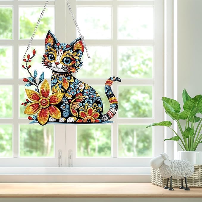 Bowetile Colorful Cat Diamond Art Hanging Kits for Adults, 5D Special Shape Diamond Painting Cats Window Pendant Kits, Animal Gem Art Suncatchers Ornament for Home Garden Wall Decor