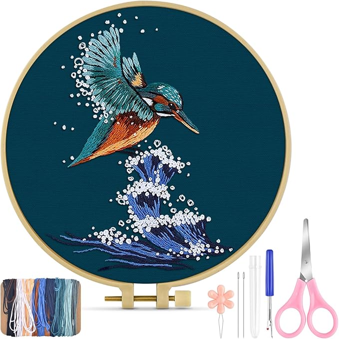 TINDTOP Embroidery Kit for Beginners Adult, Kingfisher Embroidery Kit for Beginners Include Embroidery Cloth Hoops Threads for Craft Lover Hand Stitch with Embroidery Skill Techniques