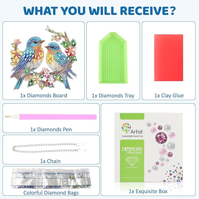MEIYUDA Bird Diamond Art Hanging Kits for Adult, Glass Flowers Bird Diamond Painting Hanging Kits Ornaments, DIY Special Shaped Rhinestone Window Pendants kit for Home Garden Wall Decor Gift