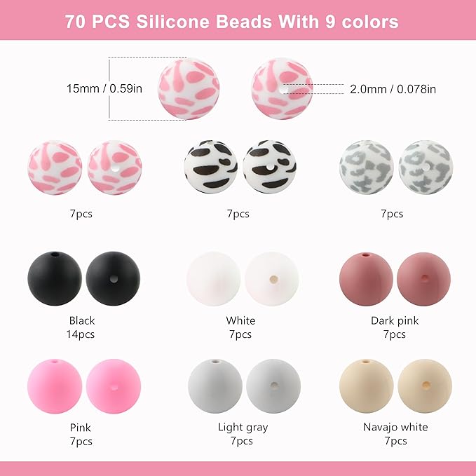 70Pcs Print Silicone Beads for Keychain Making,Round 15mm Silicone Beads for Pens, Necklace and Bracelets Making（Cow Print）