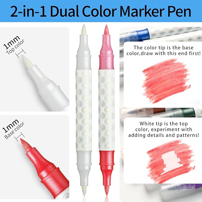 Glitter Changing Markers,12 Pack 23 Colors Sparkle Magic Markers Dual Tip Markers for Adult Art Supplies, Drawing Bullet Journal,Coloring books