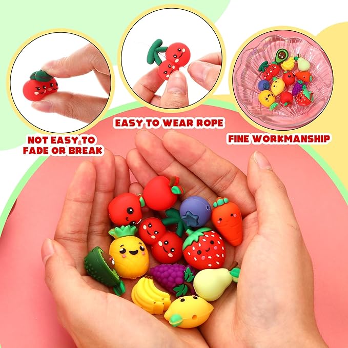 12 Pcs Fruit 3D Silicone Focal Beads for Pens Bracelet Fruit Character Beads Bulk Funny Apple Strawberry Lemon Cherry for Keychain DIY Crafts Necklace Lanyards Jewelry Making Kit Supplies