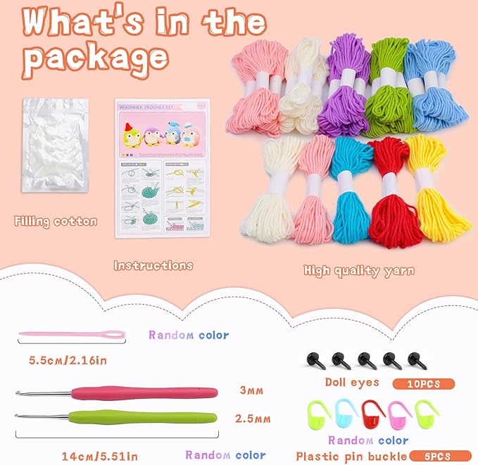 IMZAY 4 Pack Crochet Kit for Beginners, Beginner Animal Kit, Cute Starter with Video Tutorial, 2 Hooks, Colored Yarns, 5 Stitch Markers Complete Set to Make Penguins