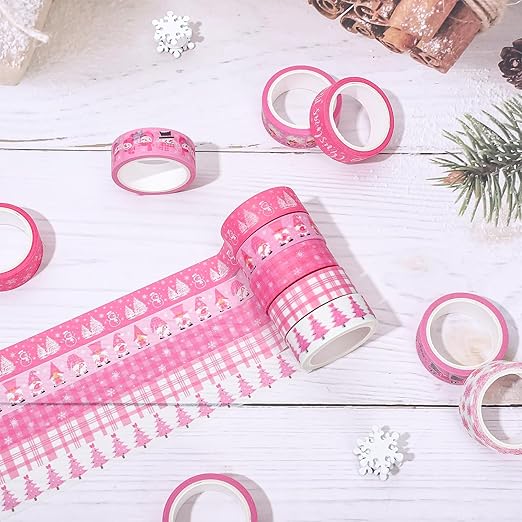Whaline 12 Rolls Pink Christmas Washi Tape Winter Snowflake Santa Xmas Tree Washi Tape Christmas Holiday Pink Decorative Masking Tape Assortment for Scrapbook Journal DIY Crafts Gift Wrapping